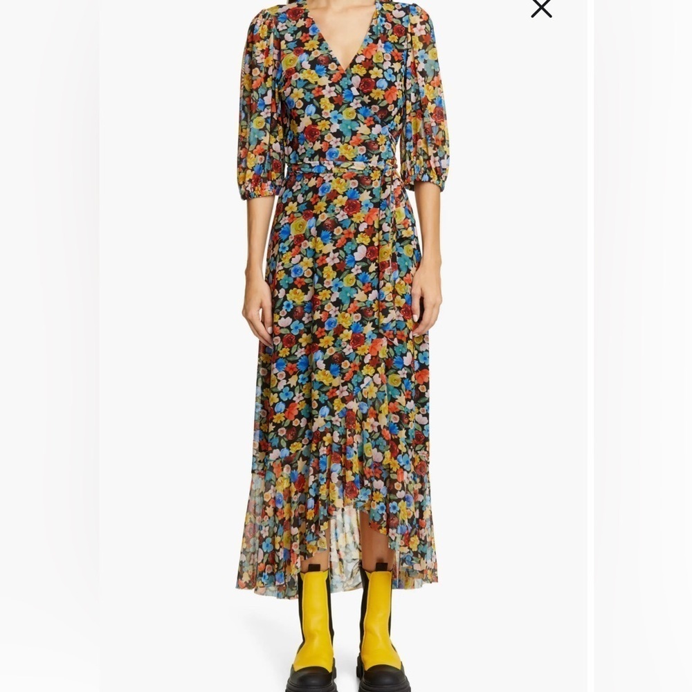 Ganni || Floral Print Mesh Midi Wrap Dress, Size 38 (medium) worn once